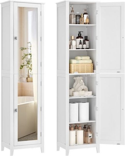 Hochschrank, Badezimmerschrank mit Ganzkörperspiegel, mit verstellbaren Ablagen, 30 x 40 x 160 cm, weiß