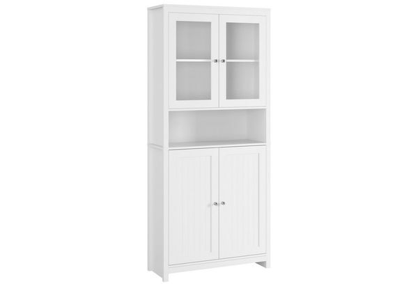 Homfa Hochschrank Vitrinenschrank, Küchenschrank, Bücherschrank mit 2 Glastüren 2 Holztüren und offenem Fach, weiß, 84x32x190 cm
