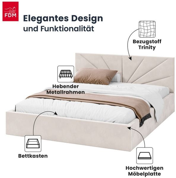 FDM Polsterbett SUNSET Bettgestell MADE IN EU - mit hochwertigem Velours Bezug (verfügbar 90x200 120x200 140x200 160x200 180x200cm, Bettrahmen, Bett, mit großen gepolsterten Kopfteil, mit Bettkasten zum aufklappen), Hebbarer Metallrahmen, Bettkasten, o...