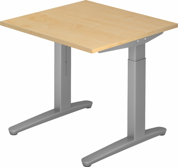 bümö manuell höhenverstellbarer Schreibtisch 80x80 in Ahorn, Gestell in silber - PC Tisch höhenverstellbar & klein, höhenverstellbarer Tisch Büro, kleiner Computertisch verstellbar, X08-3-SS