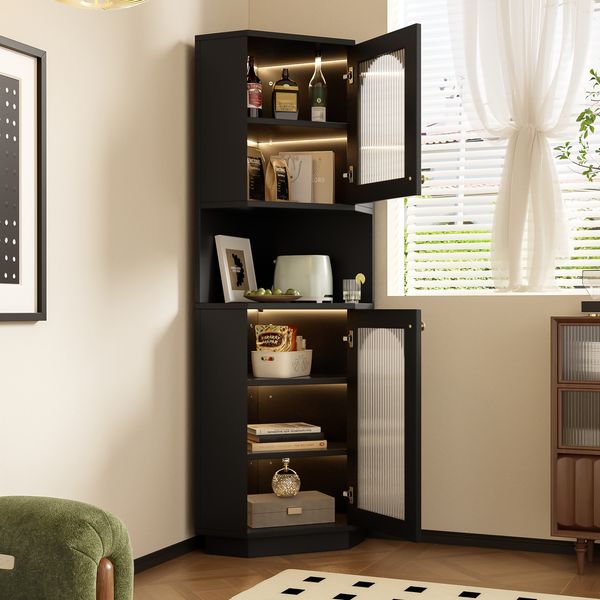 Badschrank MDF mit Lichtleiste & Eckdesign, 45x45x166,5 cm, Schwarz