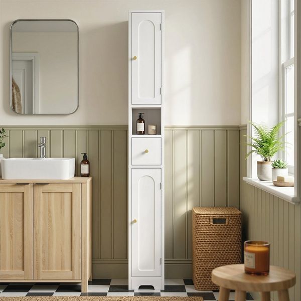 HOMCOM Badkommode Hochschrank mit Schublade, Türen, offenem Fach, verstellbare Ablage (Badezimmerschrank, 1 St, schmaler Badschrank), für Badezimmer, Küche, 20 x 20 x 185 cm, Weiß