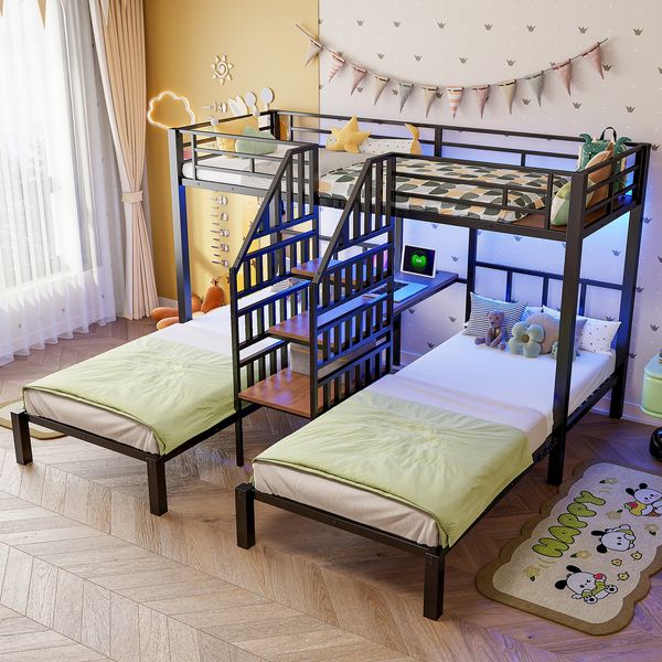 Merax Etagenbett, 90 x 200 cm, 3 Betten, Kinderbett, Jugendbett, mit LED-Lichtleiste, integrierter Leiter mit Stauraum, mit 2 USB-Anschlüssen + 1 Steckdose, mit Schreibtisch, mit Regal, schwarz