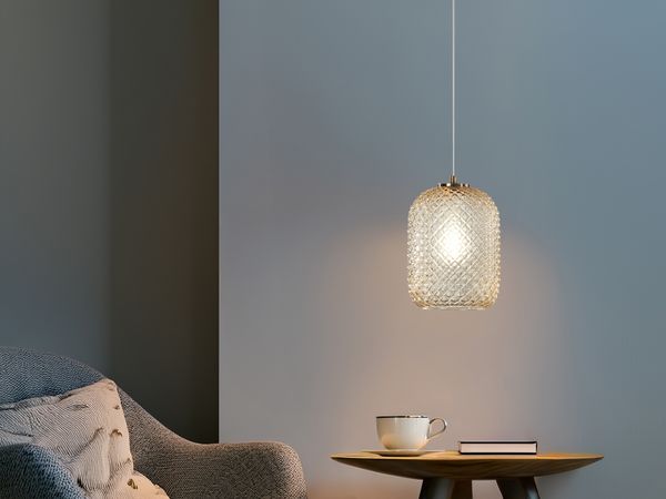 Pendelleuchte ASHFORD einflammig Kristall Glasschirm Bernsteinfarben, Ø 15cm