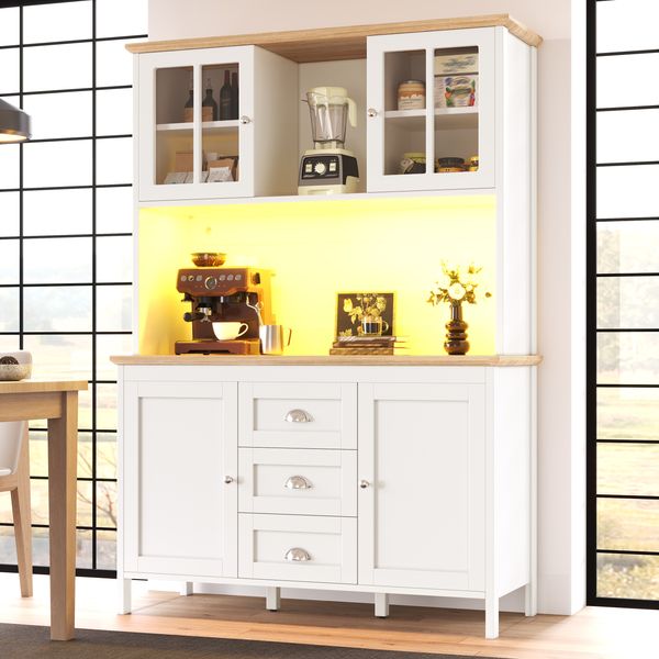 Sideboard 120x40x179 cm mit LED, 4 Türen, 3 Schubladen, offenem Fach, Weiß, MDF/Metall