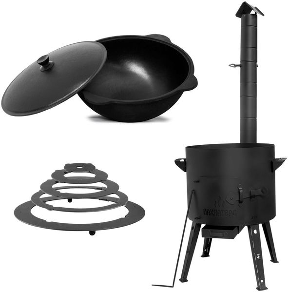 Uchag Ø44 2mm Stahl mit Schornstein NAMANGAN Kazan 16L Adapter-Ringe Utschak Abzugsrohr Utschag Campingofen Kasan Feuerstelle Feldküche Außenküche Eintopfofen Gulaschkanone