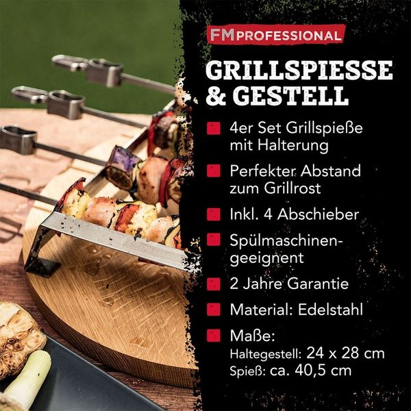 FMprofessional Grillspieß Grill-Spieße mit Halterung aus Edelstahl - Inklusive Abstreifer (Set, 5-St), 4 XXL Spieße mit Halter für den Grill – Zubehör für Schaschlik & Co