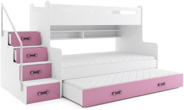 BMS Etagenbett für Kinder MAX 3 Weiß Rosa mit 3 Matratzen