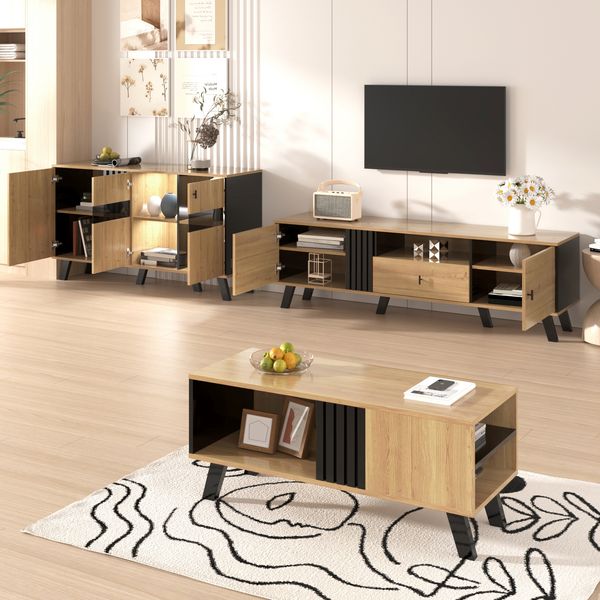 Sideboard 140x41x78.5 cm, Holzoptik und Schwarz mit 3 Türen, Glasfront und LED-Innenbeleuchtung