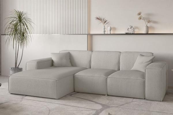 Ecksofa Designersofa CELES PREMIUM in Stoff Scala Sandgrau Ottomane Links