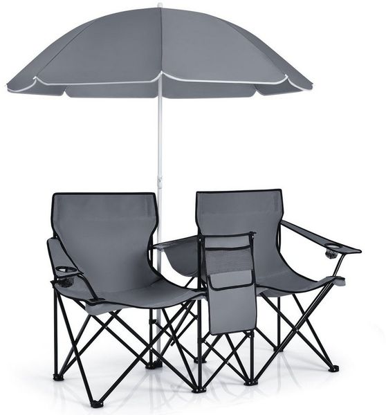 COSTWAY Campingstuhl, mit Sonnenschirm, Getränkehalter & Kühltasche, faltbar