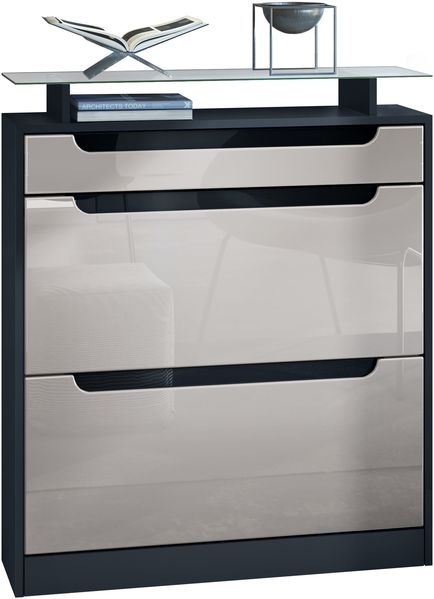 Vladon Schuhschrank Fiesta, Schwarz matt/Sandgrau Hochglanz/Schwarz Hochglanz - Schuhkipper für 16 Paar Schuhe (89 x 104 x 23 cm)