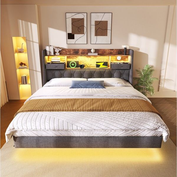 REDOM Polsterbett mit USB Typ-C Schnellladung, Retro Design (Funktionsbett, Struraumbett, 1-tlg, 180x200 cm, mit Matratze(H20cm-Taschenfederkern), Schwebebett mit 1 Type-C, 3 USB-Anschlüsse