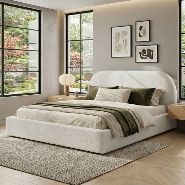 Merax Polsterbett, Doppelbett, 180 x 200cm, Bett mit Lattenrost, gepolstertes Kopfteil, Beige Bouclé