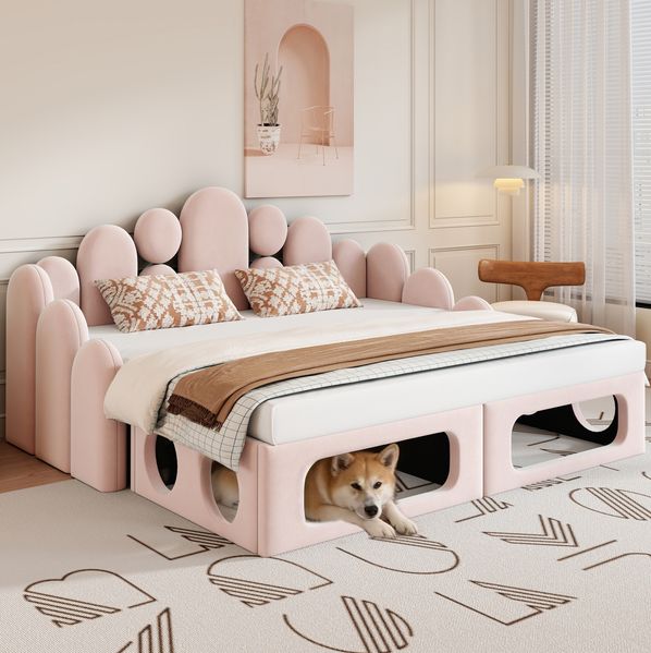 Schlafsofa, Samt mit Haustierbett & Lattenrost, 180x200 cm, Rosa, ohne Matratze