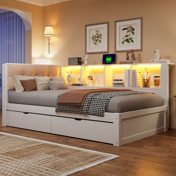 Merax Daybett, Einzelbett, 90x200cm, Tagesbett, Schlafsofa, mit Schubladen, mit dimmbarer LED-Leiste, mit praktischem Regal, mit USB-Anschluss, Kiefernholz, Weiß