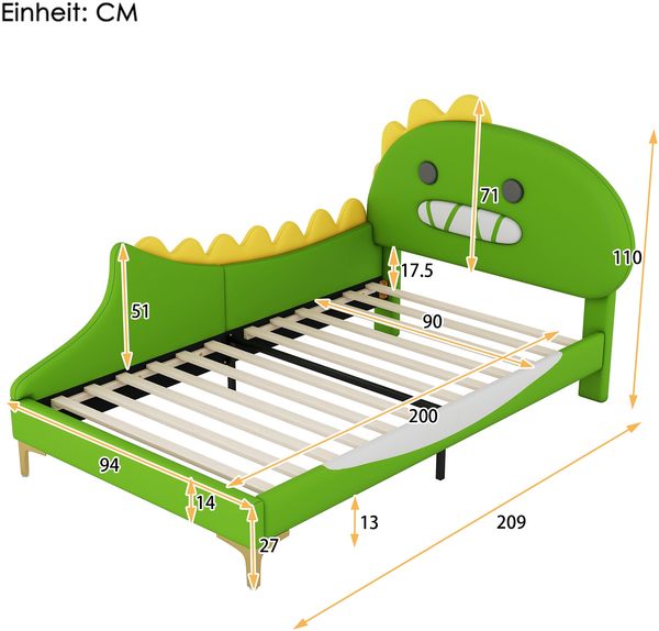 Merax 90*200cm Kinderbett, Cartoon Dinosaurier Form, Flachbett, PU Material, Grün Bild 4