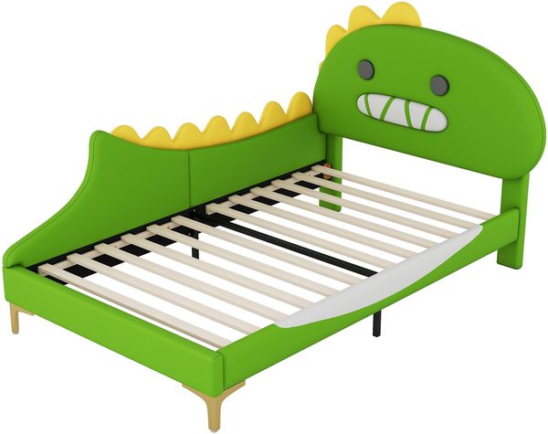 Merax 90*200cm Kinderbett, Cartoon Dinosaurier Form, Flachbett, PU Material, Grün Bild 9