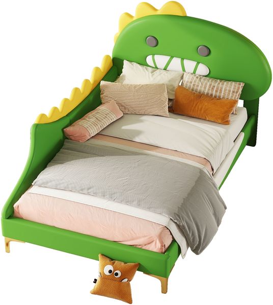 Merax 90*200cm Kinderbett, Cartoon Dinosaurier Form, Flachbett, PU Material, Grün Bild 10