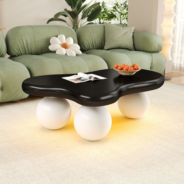 Couchtisch 95 x 62,5 x 32 cm mit LED-Stimmungslicht, wolkenförmiges Design aus MDF in Schwarz/Weiß