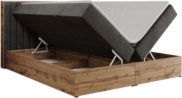 Boxspringbett mit dekorativem Kopfteil und zwei Bettkästen, Eiche Holzrahmen - ALBERO 4 - 200x200 cm - Dunkelgrau Velours - H3 Bild 5