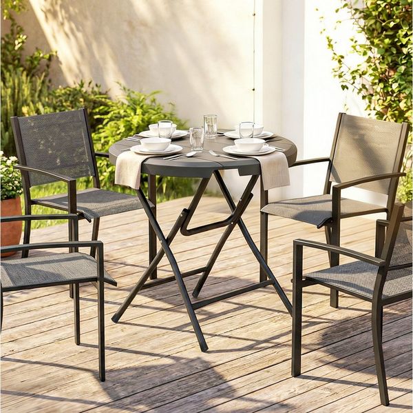 Outsunny Gartentisch Campingtisch Garten Esstisch mit Holzoptik, für Balkon, Terrasse (Beistelltisch für 4 Personen, 1-St, Runder Klapptisch), HDPE, Dunkelgrau