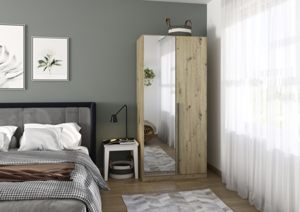 rauch Kleiderschrank Alba, Drehtürenschrank, Garderobenschrank, 2-türig, mit Spiegel, mit 1 Kleiderstange und 1 Einlegeboden, Farbe Eiche Artisan, Holz, Griffstange Grau metallic, Schwarz, 91x197x56cm