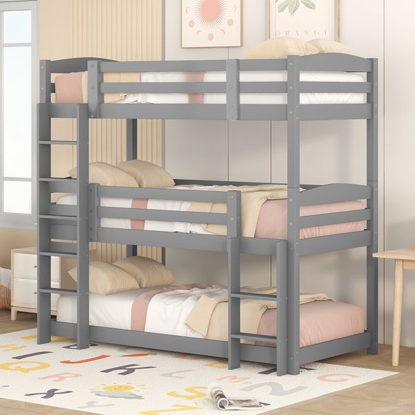 Etagenbett 90x200 cm aus Kiefernholz mit Rausfallschutz, 2 Leitern und umbaubarem 3-in-1-Design in Grau