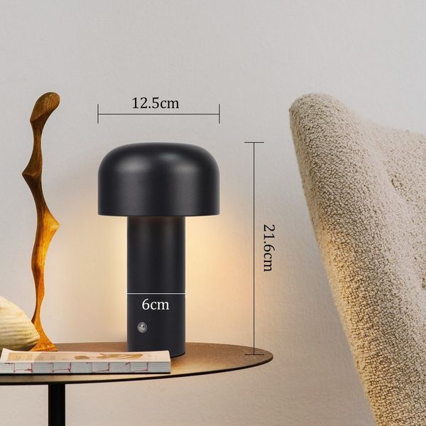 ZMH LED Tischleuchte Kabellos - 2W Tischlampe Akku Dimmbar Modern Metall für Wohnzimmer, Augenschutz, Einfache Installtion, LED fest integriert, 3000-6500K, Aufladbar Schwarz Pilz Nachttischlampe Schlafzimmer