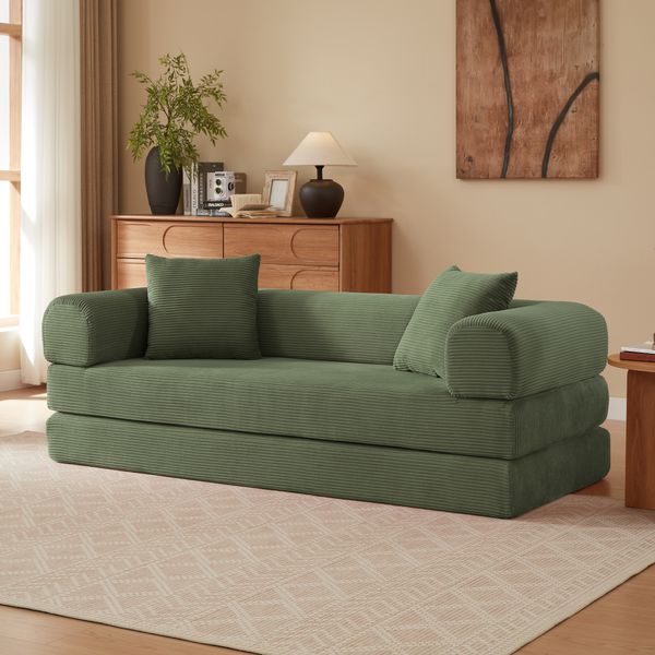 Schlafsofa Grün mit Veloursbezug, Kaltschaum und modularer Sitzfläche für flexibles Sitzen und Liegen,59 x 195 x 89 cm