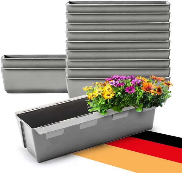 BigDean 12er Set Paletten Blumenkästen - Einsatz - mit Hängesystem zum Einhängen - 37cm Beton-grau - Pflanzkasten für Europalette Balkonkasten Blumentopf - aus recyceltem PP-Kunststoff