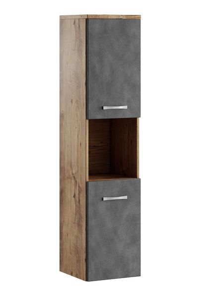 Badplaats Badezimmerschrank Montreal 30 x 30 x 131 cm Kastanien Eiche mit Dunkel Grau - Hoch Badschrank Mit 2 Türen