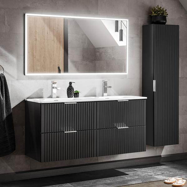 Badmöbel Set mit 121cm Waschtisch ADELAIDE-56-BLACK in matt schwarz mit Rillenoptik, B/H/T ca. 170/200/46 cm
