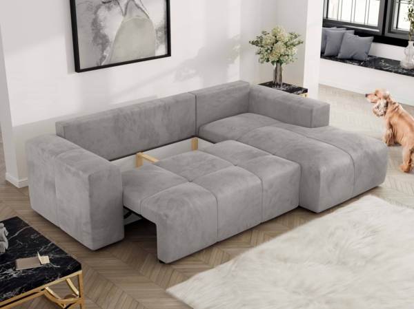 Ecksofa mit Schlaffunktion und Bettkasten, L-form Couch, lose Kissen, Polstersofa - MONIVA - Hellgrau Velours - rechte Seite Bild 5