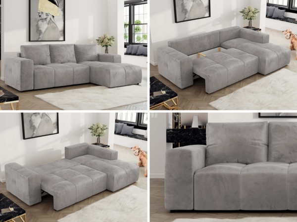 Ecksofa mit Schlaffunktion und Bettkasten, L-form Couch, lose Kissen, Polstersofa - MONIVA - Hellgrau Velours - rechte Seite Bild 2