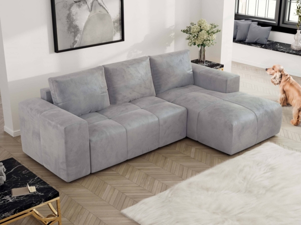 Ecksofa mit Schlaffunktion und Bettkasten, L-form Couch, lose Kissen, Polstersofa - MONIVA - Hellgrau Velours - rechte Seite Bild 3