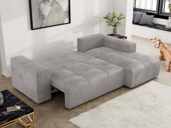 Ecksofa mit Schlaffunktion und Bettkasten, L-form Couch, lose Kissen, Polstersofa - MONIVA - Hellgrau Velours - rechte Seite Bild 4
