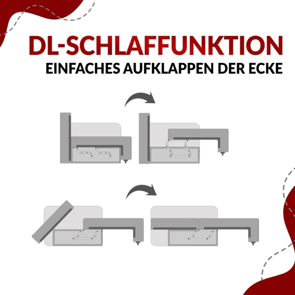 Ecksofa mit Schlaffunktion und Bettkasten, L-form Couch, lose Kissen, Polstersofa - MONIVA - Hellgrau Velours - rechte Seite Bild 9