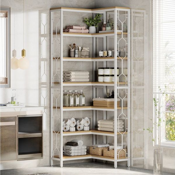 Tribesigns Eckregal 7-stöckiges industrielles Eck-Bücherregal, Holz und Metall, Etagere