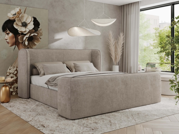 Polsterbett mit Lattenrost, Doppelbett für Schlafzimmer, Gepolstertes Kopfteil, Multipocket matratze, Härtegrad H3/H4 - EMORA DUO - 120 x 200 cm - Beige Struktur - ELORI - LUX Bild 1