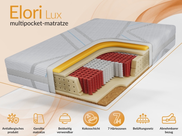 Polsterbett mit Lattenrost, Doppelbett für Schlafzimmer, Gepolstertes Kopfteil, Multipocket matratze, Härtegrad H3/H4 - EMORA DUO - 120 x 200 cm - Beige Struktur - ELORI - LUX Bild 6