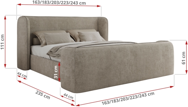 Polsterbett mit Lattenrost, Doppelbett für Schlafzimmer, Gepolstertes Kopfteil, Multipocket matratze, Härtegrad H3/H4 - EMORA DUO - 120 x 200 cm - Beige Struktur - ELORI - LUX Bild 4