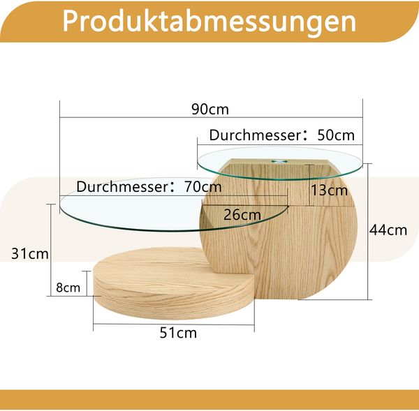 Couchtisch mit Sicherheitsglas, 2 Ebenen, H 44 x T 90 x B 70 cm, MDF in heller Holzoptik Bild 5