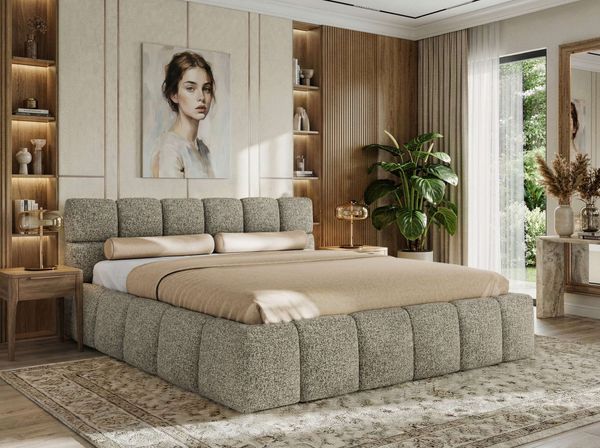 Doppelbett mit Gasdruckfeder, Polsterbett NIRA CLASSIC Holzlattenrost Bett mit Stauraum, gepolstertes Kopfteil Bettkasten Foam Matratze - 160 x 200 cm - Grau Strukture - MIRO LUX