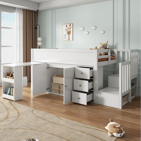 Flieks Hochbett Kinderbett 90x200 cm mit ausziehbarem Schreibtisch Schrank Schubladen