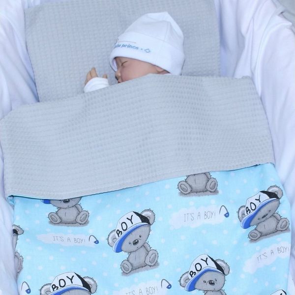 Primawela Babydecke, Waffelpiqué Baumwolle, Boy-Blau + Grau, 100x75 cm