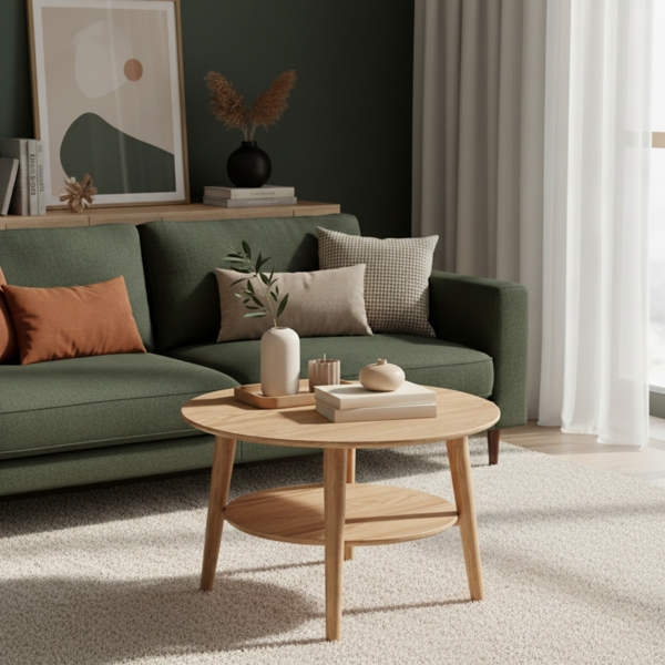 skølm 'Mjölnir' Couchtisch rund, Massivholz Eiche, natur geölt, Wohnzimmertisch Ø70 cm, Beistelltisch für Wohnzimmer mit Ablage Bild 6