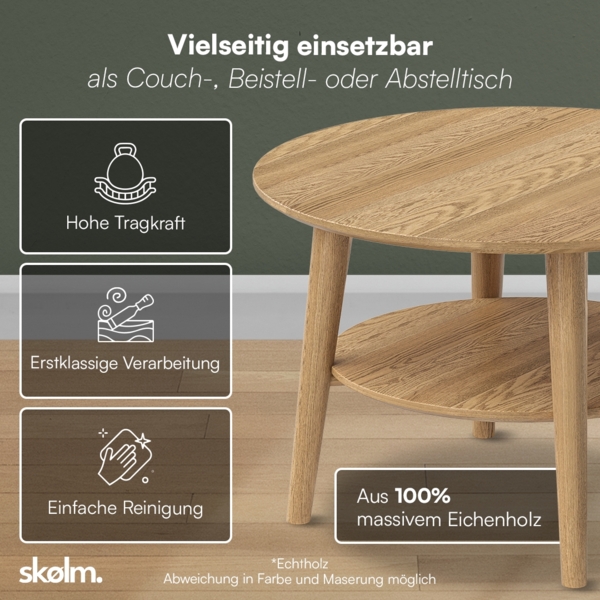 skølm 'Mjölnir' Couchtisch rund, Massivholz Eiche, natur geölt, Wohnzimmertisch Ø70 cm, Beistelltisch für Wohnzimmer mit Ablage Bild 3