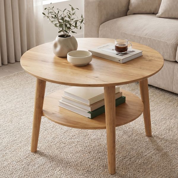 skølm 'Mjölnir' Couchtisch rund, Massivholz Eiche, natur geölt, Wohnzimmertisch Ø70 cm, Beistelltisch für Wohnzimmer mit Ablage