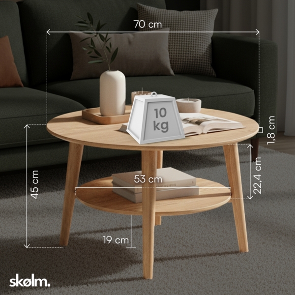 skølm 'Mjölnir' Couchtisch rund, Massivholz Eiche, natur geölt, Wohnzimmertisch Ø70 cm, Beistelltisch für Wohnzimmer mit Ablage Bild 5